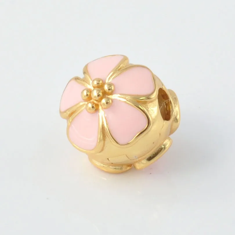 925 Sterling Silver Gold Plated Pink Cherry Blossom Clip Charm Beads Fits Original European Bracelets DIY Jewelry For Women | Украшения и