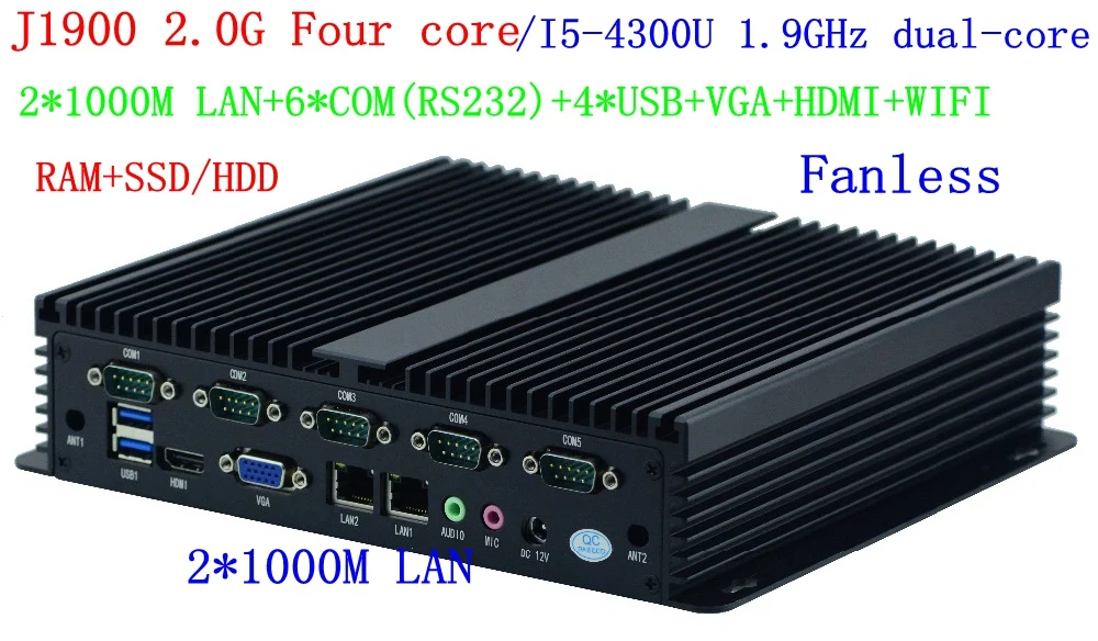 low power Fanless Mini PC i5 4300U J1900 Industrial Computer 24 Hours Working 6 COM HDMI VGA Dual Display 300M Wifi mini pc