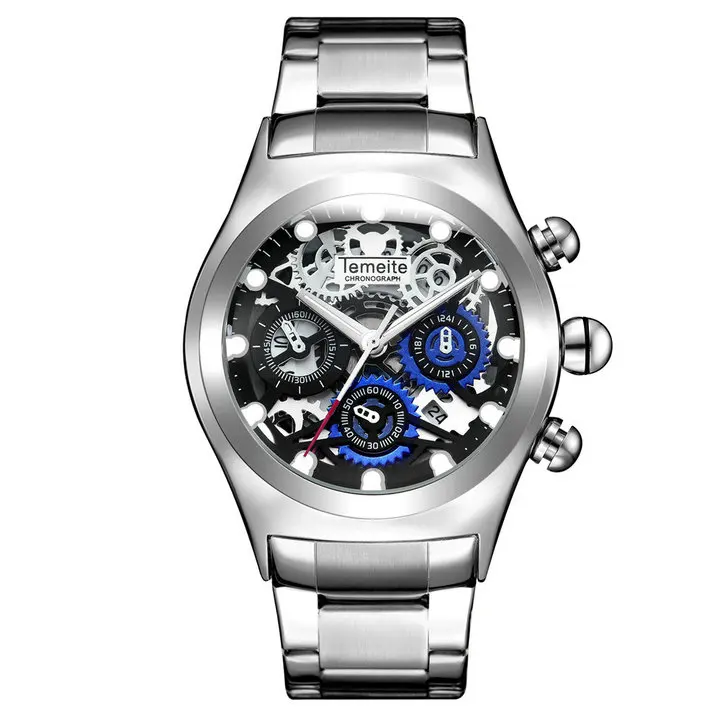SILVER BLACK TEMEITE, военный большой чехол, кварцевые часы для мужчин, 3 суб-циферблата, украшение, уникальный синий циферблат, металлический ремешок, мужские часы, Лидирующий бренд, роскошные - Цвет: SILVER BLACK