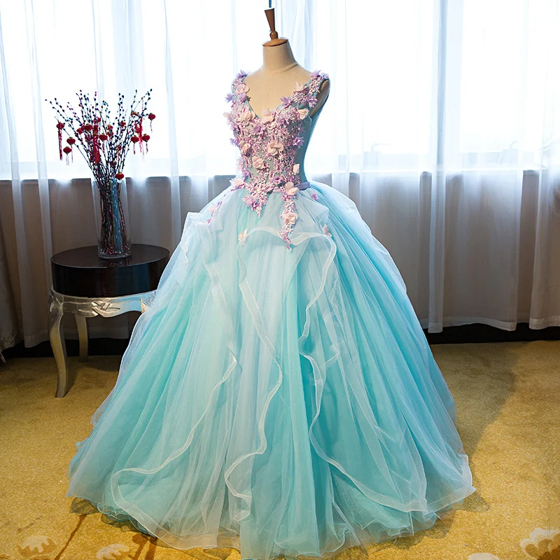 2017 Sweet V-Neck Sleeveless Sky Blue Formal Evening Party Long Dresses Purple Flowers Appliques Stage Solo Pageant Costume | Свадьбы и