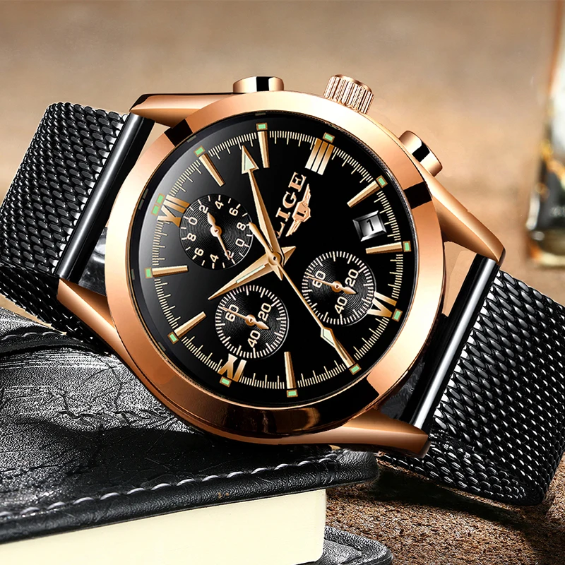 2019LIGE men's watch new luxury brand fashion sports quartz stainless steel mesh strap dial date clock | Наручные часы