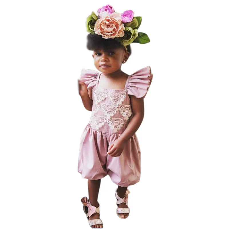 Летний комбинезон для младенцев розовый Хлопковые Штаны кружевной костюм с