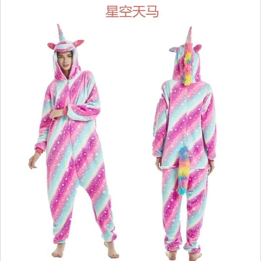 Onesie/ ; Пижама кигуруми в виде животных; комбинезон с единорогом; унисекс; женская одежда для сна с капюшоном; зимняя Фланелевая пижама с жирафом для взрослых - Цвет: Big galaxy unicorn