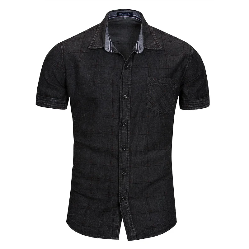 Короткими рукавами рубашки мужские летние топы Slim Fit Джинсовые с отложным
