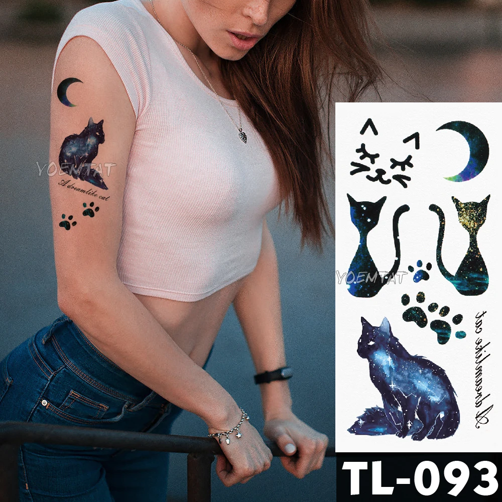 

Water Transfer Night Star Cat Temporary Tattoo Sticker cute glitter Pattern body art Waterproof Fake Flash Tattoo for men women