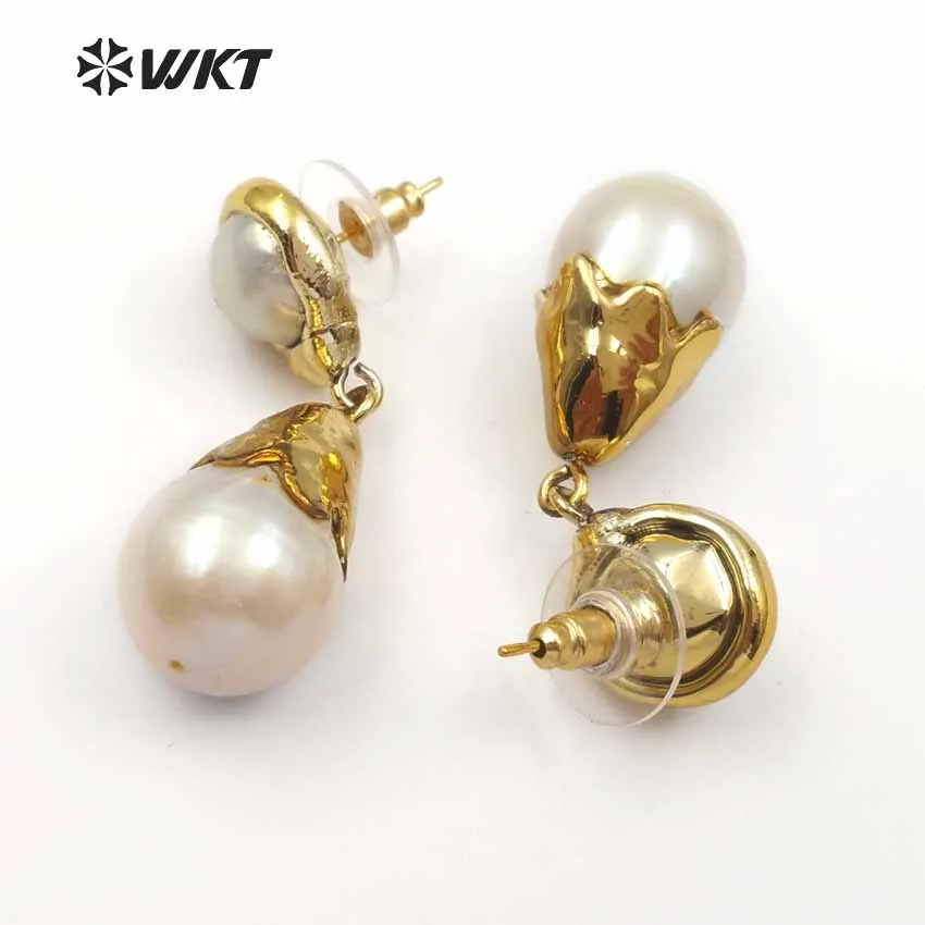 WT-E470 New arrival Beautiful Water drop Special Design Classic Natural baroque pearl Earring with full gold For women jewelry | Украшения
