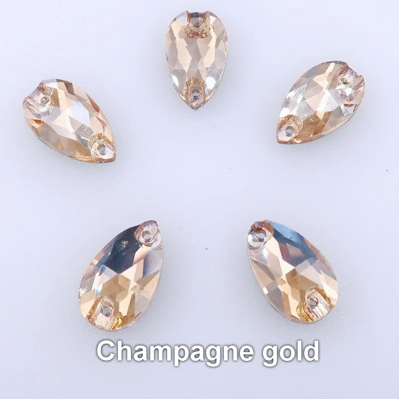 A16 Champagne gold Тонкие в форме капли плоские стеклянные кристаллы с двумя отверстиями 3 размера цвета микс Пришивные хрустальные бусины свадебное платье diy отделка - Цвет: A16 Champagne gold