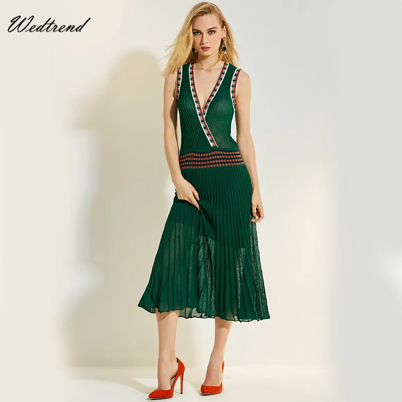 Wedtrend глубокий v-образным вырезом Sexy зеленый Иллюзия женское платье без рукавов в