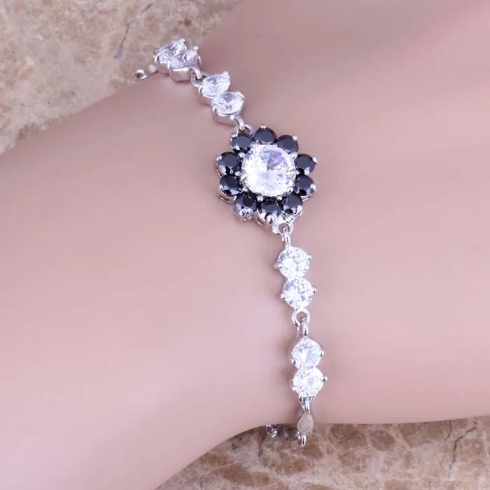 Изумительный черный кубический цирконий Белый CZ посеребренный браслет-цепочка 7