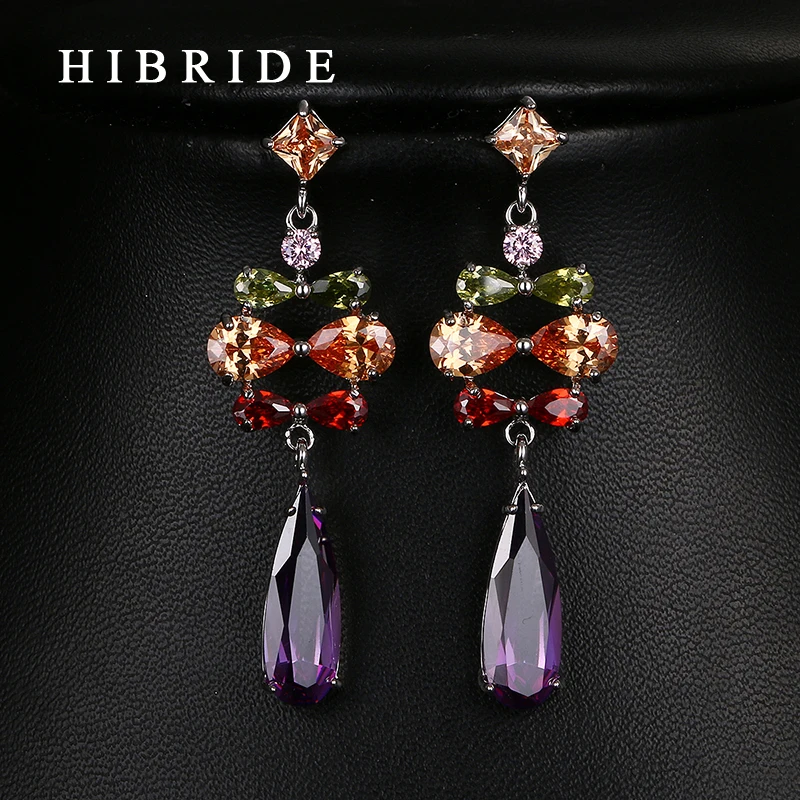 

HIBRIDE Vintage Indian Jewelry Earrings Long Purple Cubic Zirconia Earrings For Ladies Gifts E-40