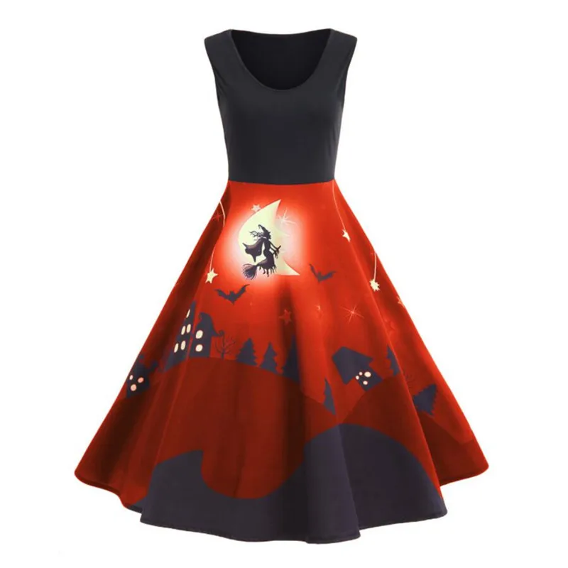 

Vintage Women`S Patchwork Pumpkin Print Evening Party Dress Plus Size Halloween Swing Dresses costumes