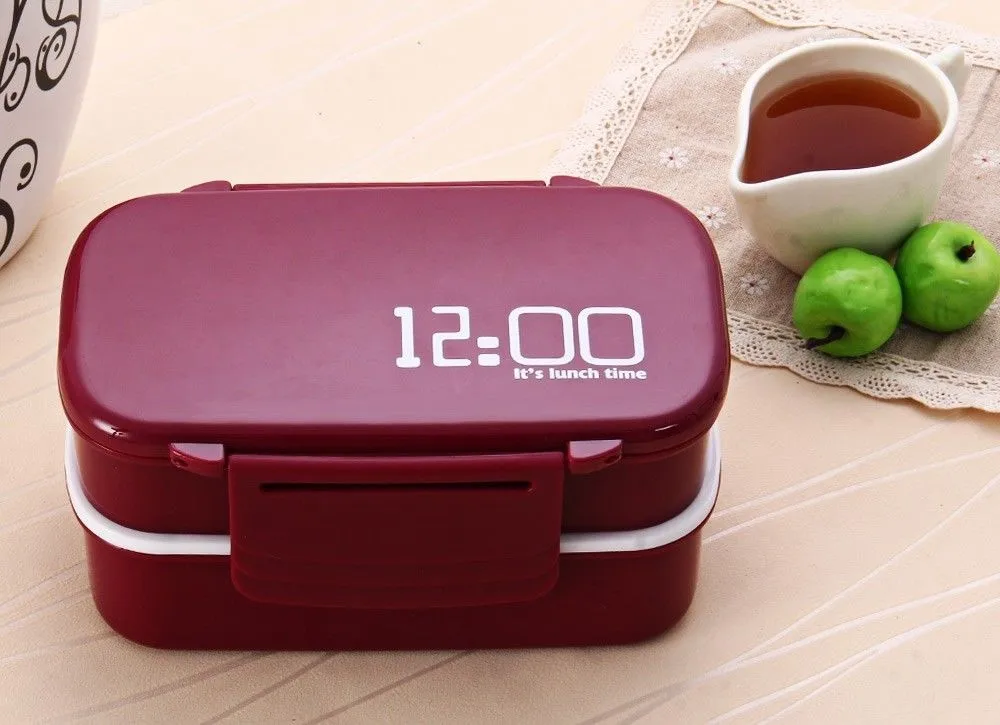 Fun Life 12:00 это время обеда в японском стиле двухуровневый Ланч-бокс Bento, большая коробка для еды, посуда, Легко открывающаяся микроволновая печь