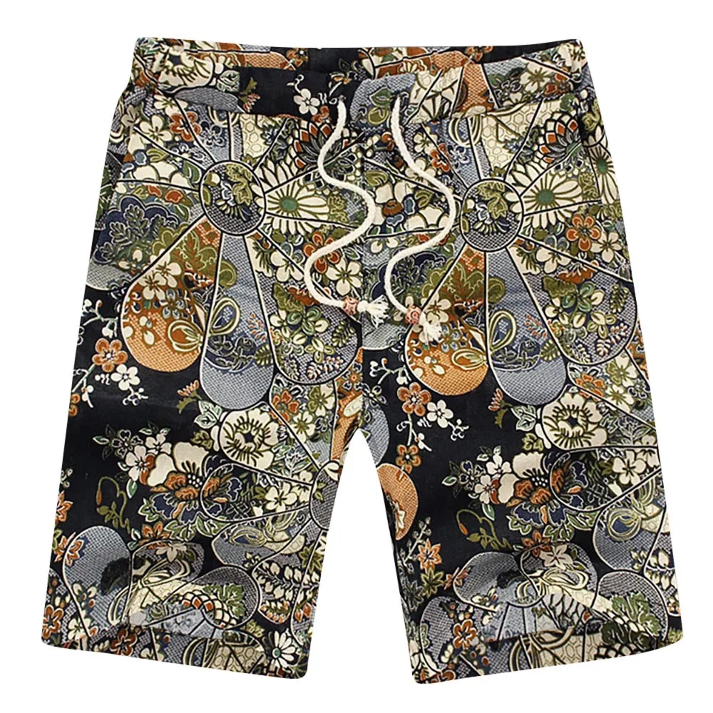 Мужские зеленые льняные шорты с цветочным принтом пляжные купальные бермуды