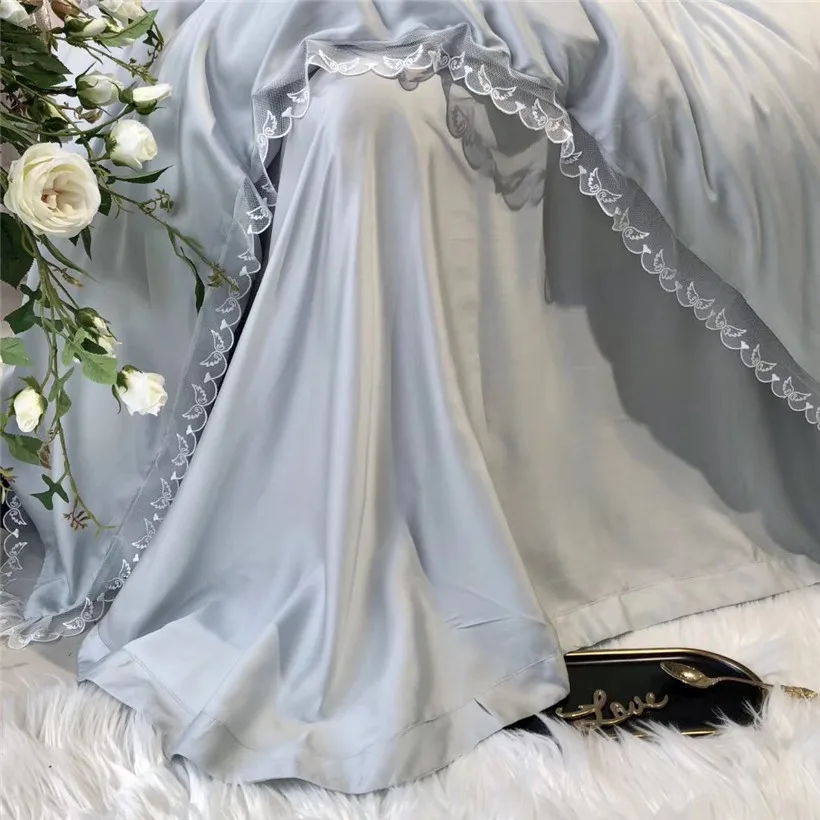 Queen King size 4/7 шт. Тенсел Шелковые Ультра мягкий шелк синего/серого цветов: Постельное белье с красивой бабочкой Детская Одежда для танцев; пододеяльник, простынь и наволочки