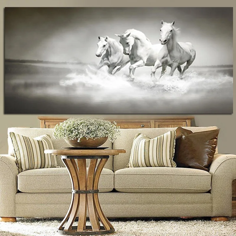 Modern White Horses Running in River Oil Painting HD Print on Canvas Poster Wall Pop Art Picture for Living Room Sofa Cuadros | Дом и сад