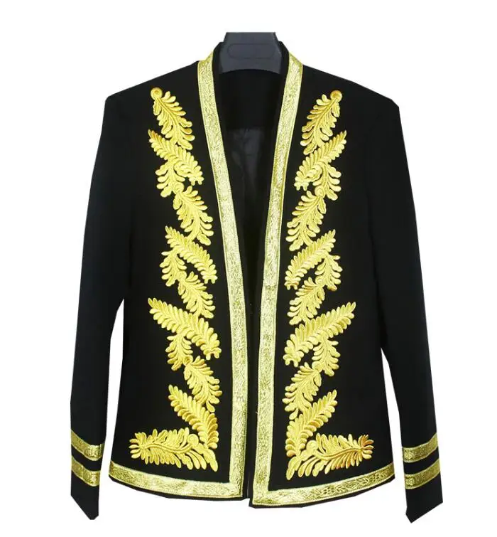 Мужская куртка без воротника с вышивкой золотого листа приталенная Черная для