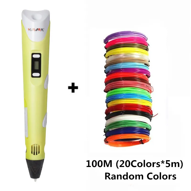 Yellow add 100m ABS 1,75 мм ABS/PLA DIY 3D ручка для печати светодиодный/ЖК-экран 3D Ручка для рисования+ 100 м нить Рождественская игрушка подарок для детей дизайн рисунок - Цвет: Yellow add 100m ABS