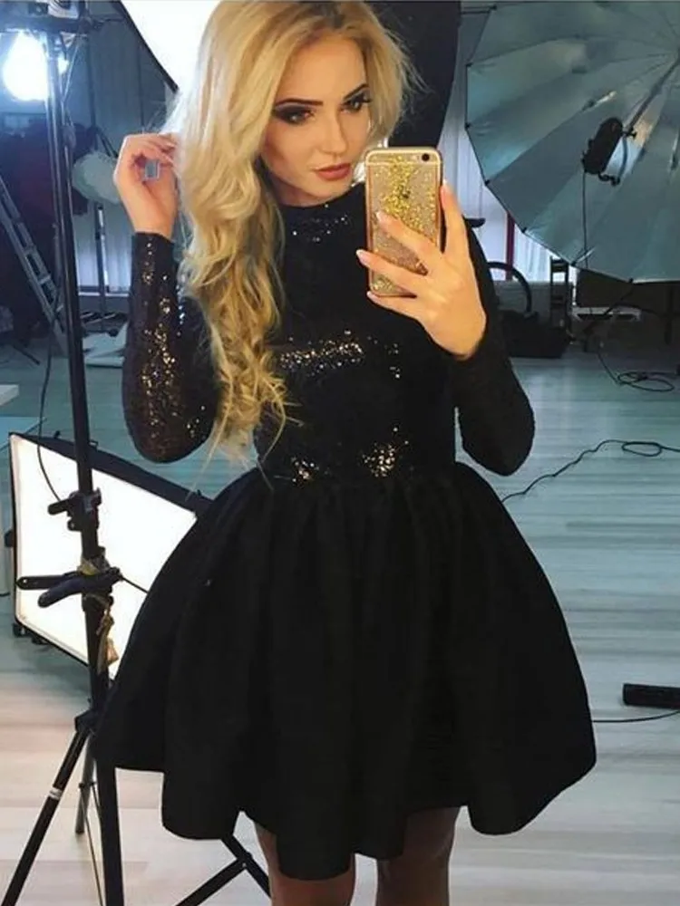 Черный Cute A Line High Neck Long Sleeves Sequins Short Party Prom Dress Homecoming Dresses Little Black Dresses - Цвет: Черный