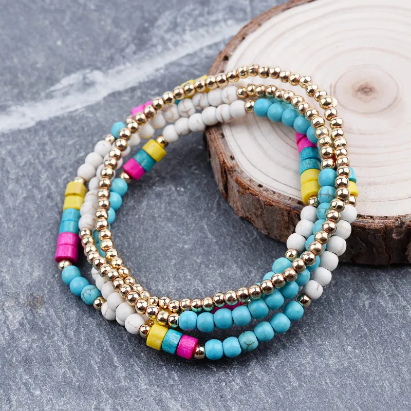 4 Pcs/Set Multilayer Elastic Casual Womens Bracelets Cute Tiny Natural Turquoises Stone Plastic Beads Femme BCSET291 | Украшения и