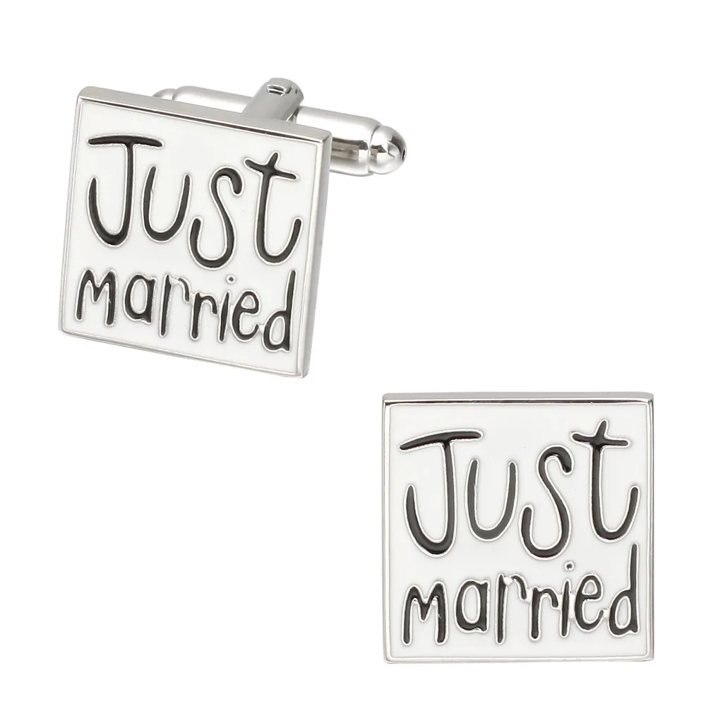 Display Box Cufflinks Romantic Mens Wedding Cufflink Just Married Text Design White Enamel with Black Free Tag &amp Wipe Cloth | Украшения