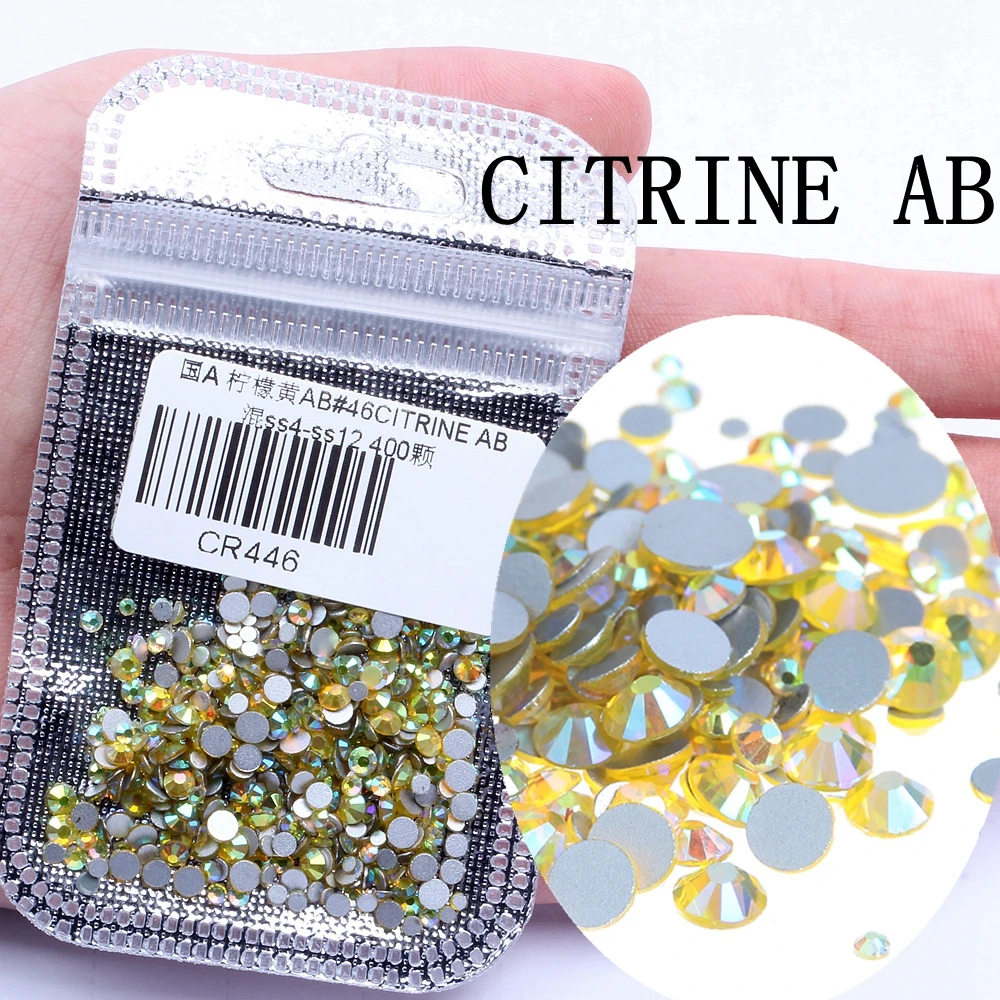 46 CITRINE AB Стразы для нейл-арта, 60 цветов, 400 шт, микс из SS4-SS12, стеклянные стразы с плоской задней стороной, Стразы для ногтей, 3D украшения - Цвет: 46 CITRINE AB