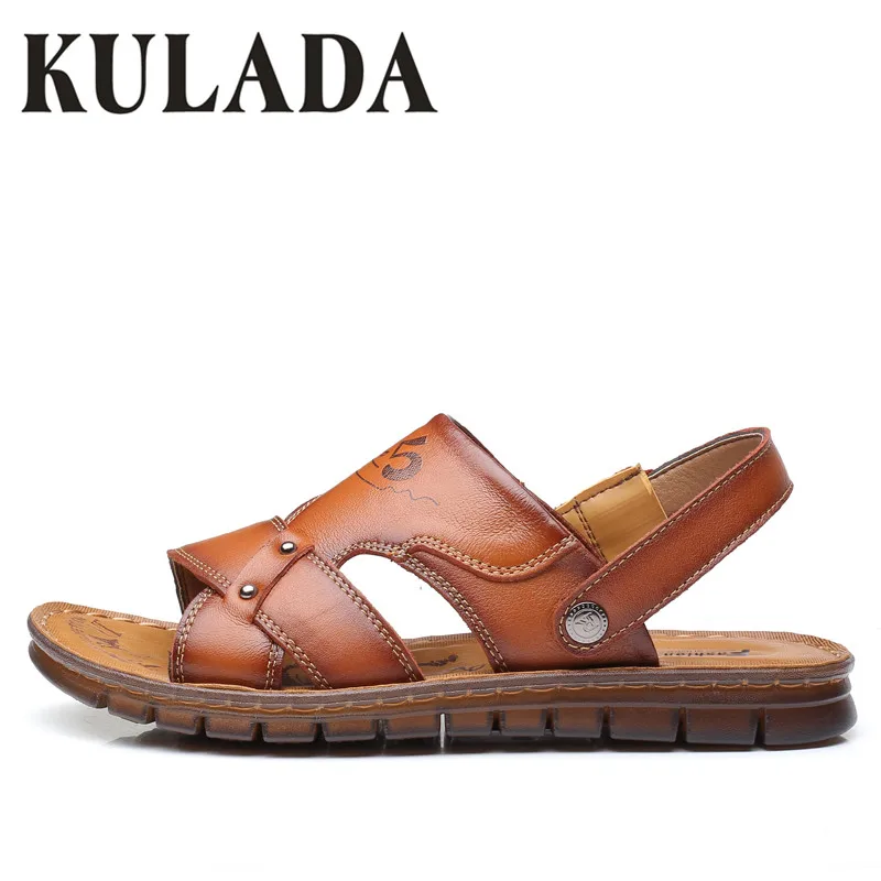 2019 New Men Sandals Shoes Summer Genuine Leather Natural Fashion Hollow-Out Casual Comfortable Men's Beach Slippers | Обувь