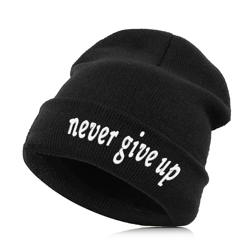 never give up Beanie шляпа Skullie шапка, вязаная шапка-носок зима-осень вышивка лозунг девиз слова в стиле панк Для мужчин Для женщин для мальчиков и девочек для уличных танцев - Цвет: never give up