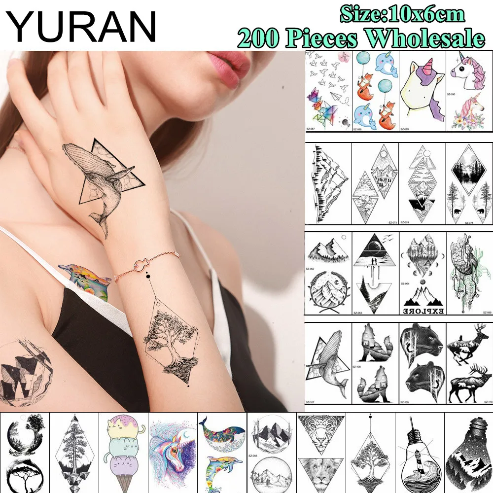 YURAN 200 Pieces Wholesale Black Flash Temporary Tattoo 10x6CM Mountain Plant Body Art Tatoo For Men Women Makeup Tattoo Sticker