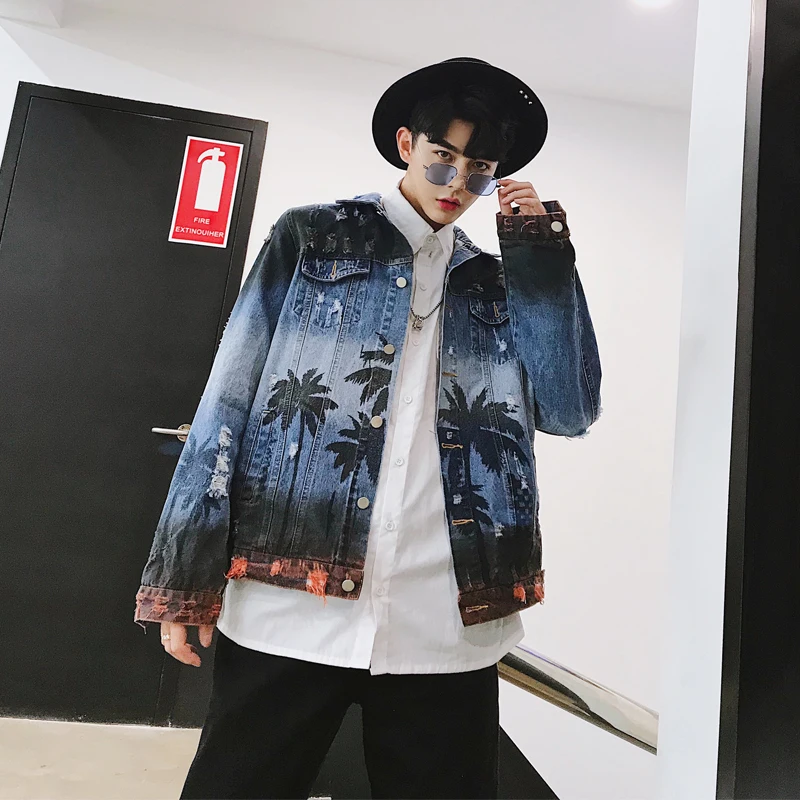 Мужская джинсовая куртка в стиле хип-хоп модная Осенняя уличная с принтом