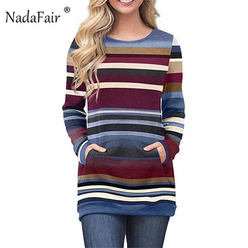 Nadafair 2018 осень-зима О Шея Полосатый Лоскутные толстовки с двумя карманами Для