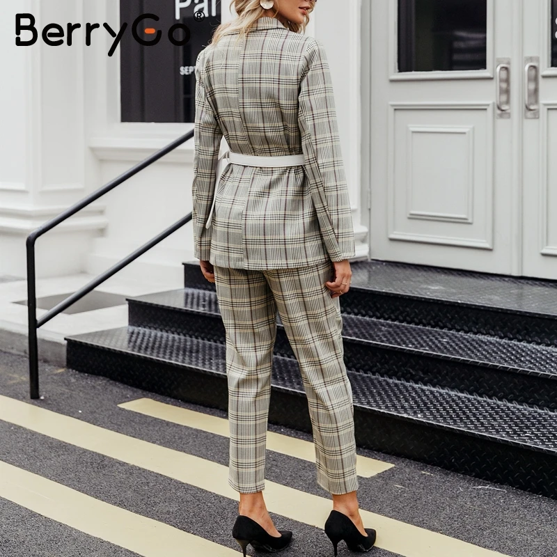 BerryGo офисный женский клетчатый Блейзер, комплект из двух предметов, двубортный женский Блейзер, брюки, костюмы, Повседневная Уличная одежда, женские брюки, набор
