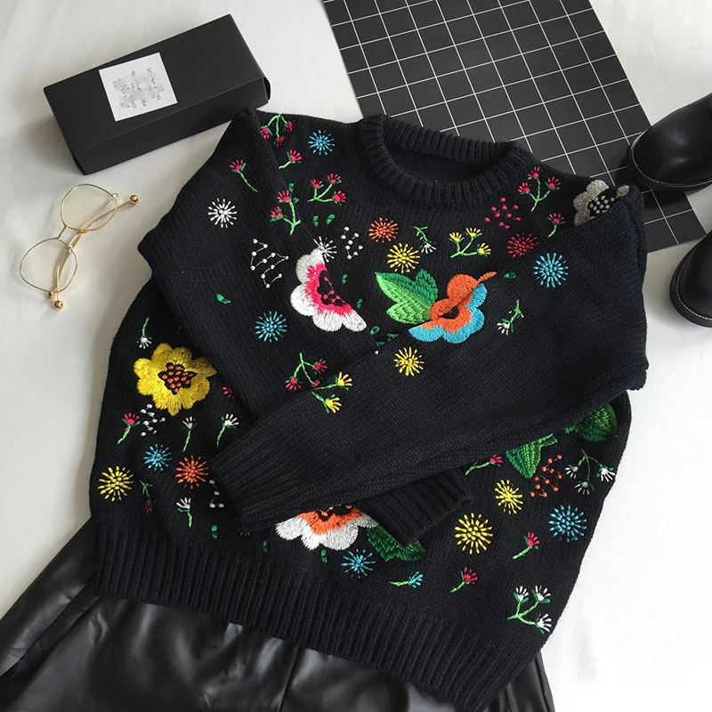 Women Black Embroidery Floral Knitted Sweater Female Loose O-neck Comfortable 2021 Spring Autumn Warm Woman's | Женская одежда