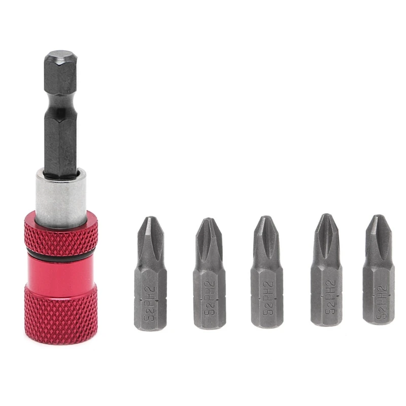 

60mm 1/4" Hex Shank Magnetic Drywall Screw Drill Screwdriver Holder +5 Bits Red