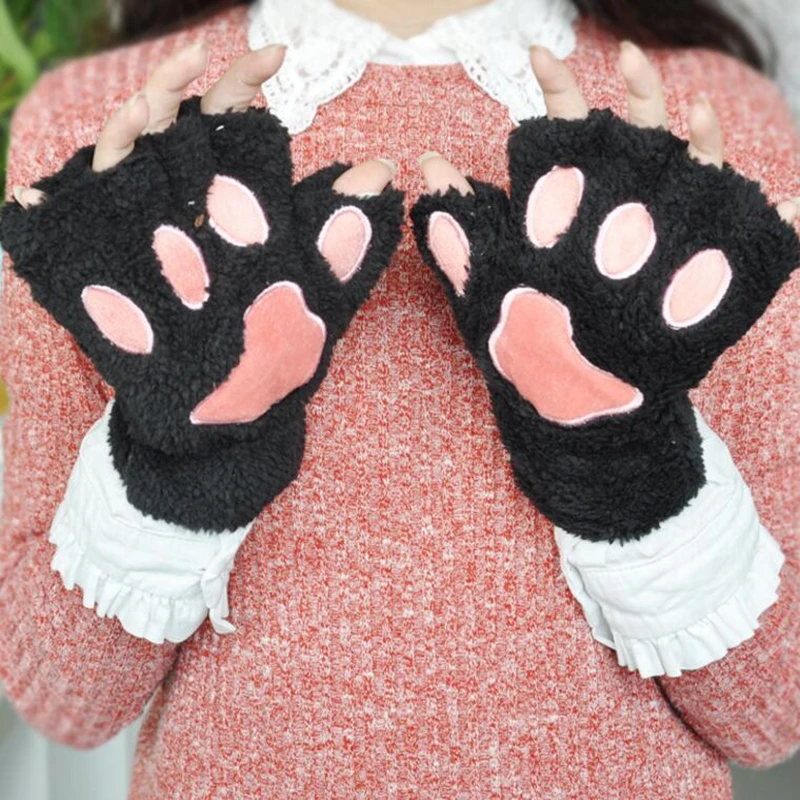 

CHSDCSI Winter Lovely Women Bear Cat Claw Paw Mitten Plush Glove Short Finger Half Gloves Lady Half Cover Female Covered Gloves