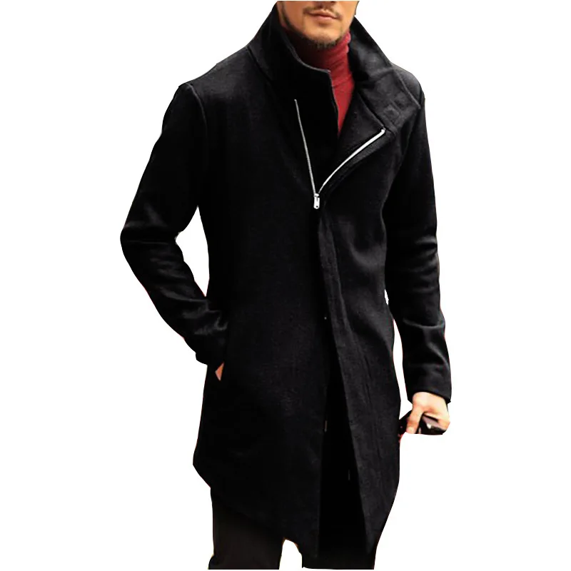 

Winter New Pattern Lapel Oblique Zipper Solid Color Long Man Loose Coat