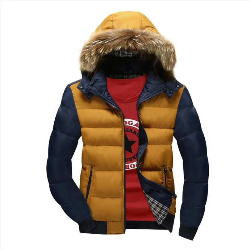 Parkas Winter Mens Jacket With Fur Collar Patchwork Padded Hooded Parkas Coat Men Jackets FIT -30 'C Outwear Asia Size M-4XL