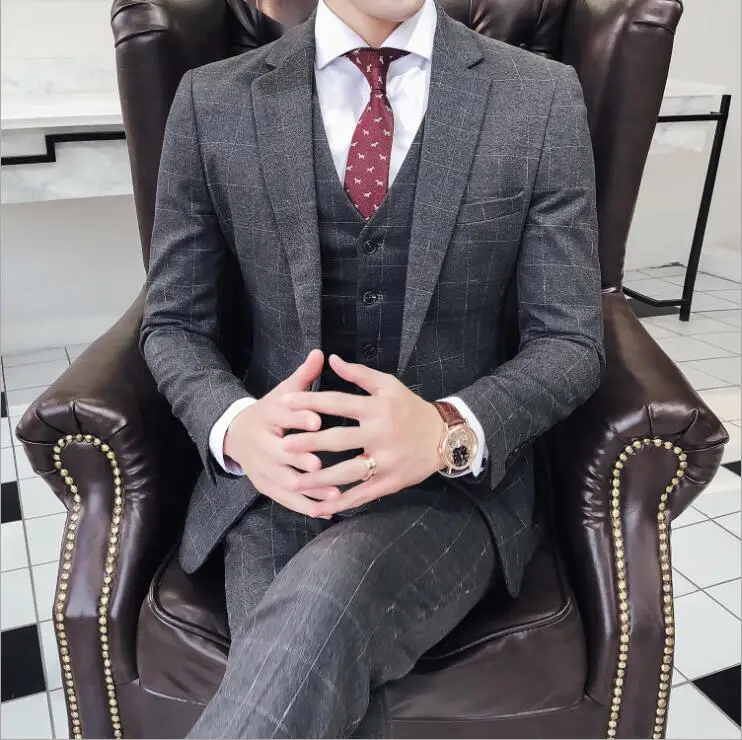 

(Jacket+ Pants+Vest) British Plaid Slim Single Button Business Formal Suits Groom Wedding Party Blazers Suits Set For Men