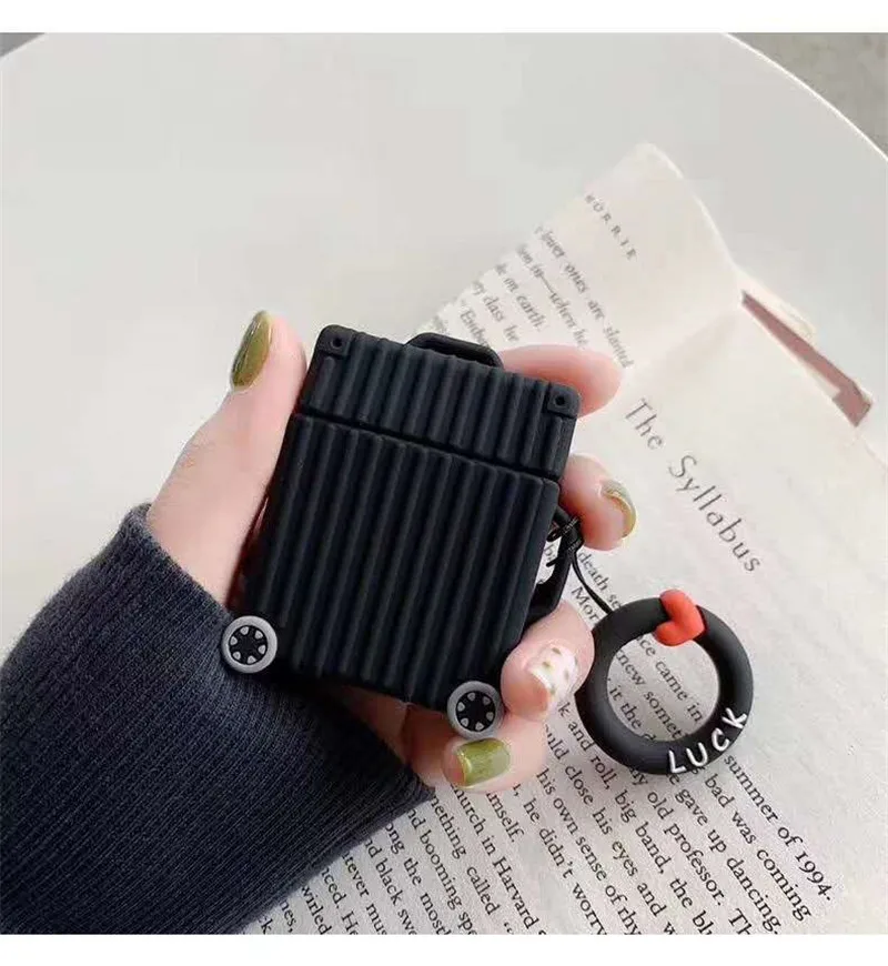 black Square trunk Модный милый чемодан сундук чемодан чехол для Apple Airpods 1 2 Наушники защитный чехол с кольцом на палец - Цвет: black Square trunk