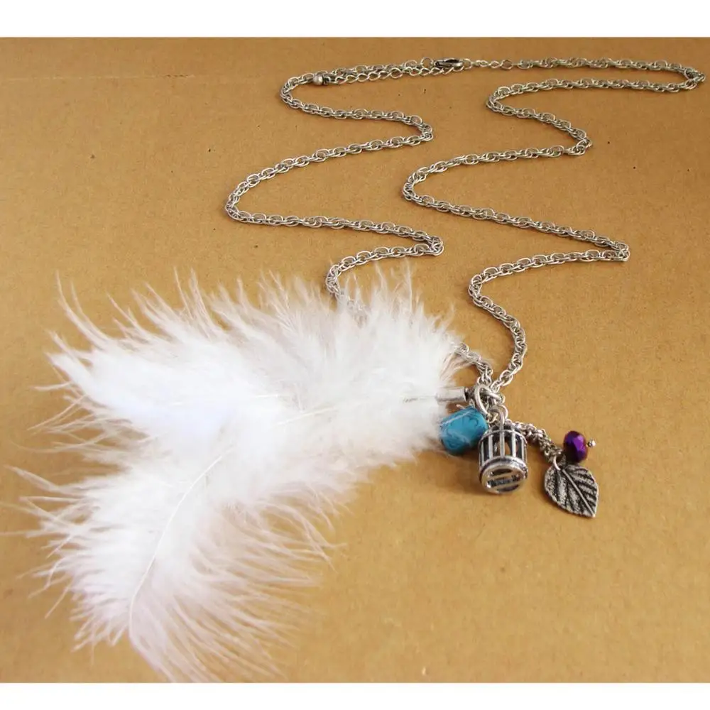 Christmas Lightmindedness Pure White Feather Leaf Bird Cage Blue Gem Necklace N755 | Украшения и аксессуары