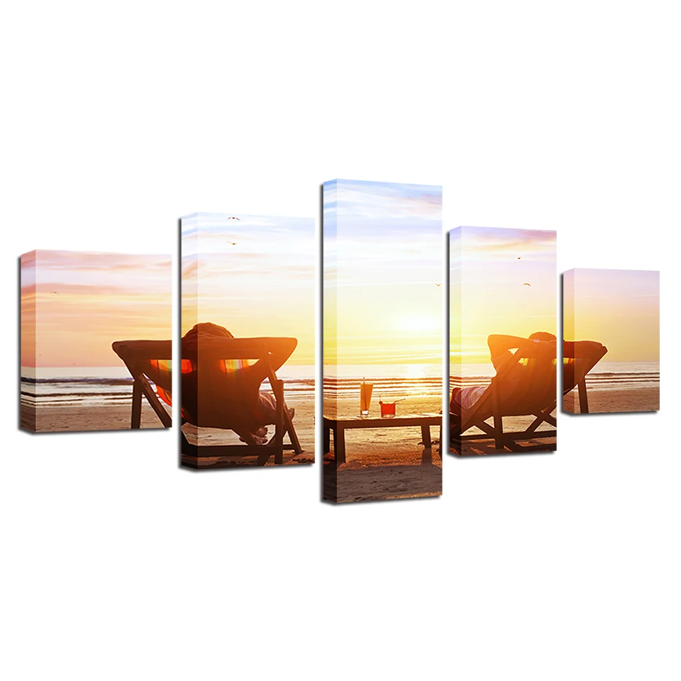Decor Living Room Wall Art Modern Pictures Print 5 Pieces Beach Chair And Drinks Sunset Seascape Poster Modular Canvas Paintings | Дом и сад
