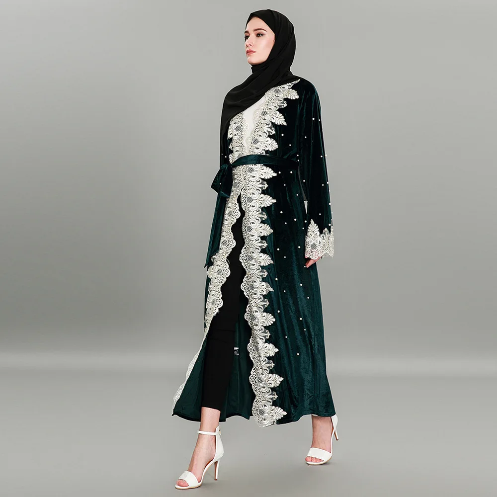 

Autumn Winter Velvet Beading Patchwork Cardigan Lace Dubai Abaya Muslim Long Dresses Arabic Plus Size Maxi Outwear 1590