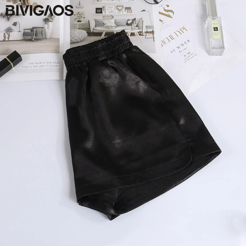 Черный BIVIGAOS, женские летние шорты, Harajuku, милый стиль, Кристальный атлас, повседневные, для сна, короткие, шелковистые, блестящие, с высокой талией, корейские, домашние шорты - Цвет: Черный