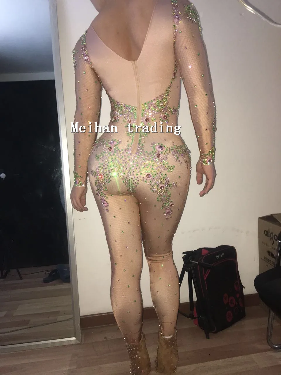 Colorful Crystals Leggings Jumpsuit Women's sexy Evening One-piece Costume Luxury Bodysuit Female Rhinestone Nude Skinny Rompers | Женская