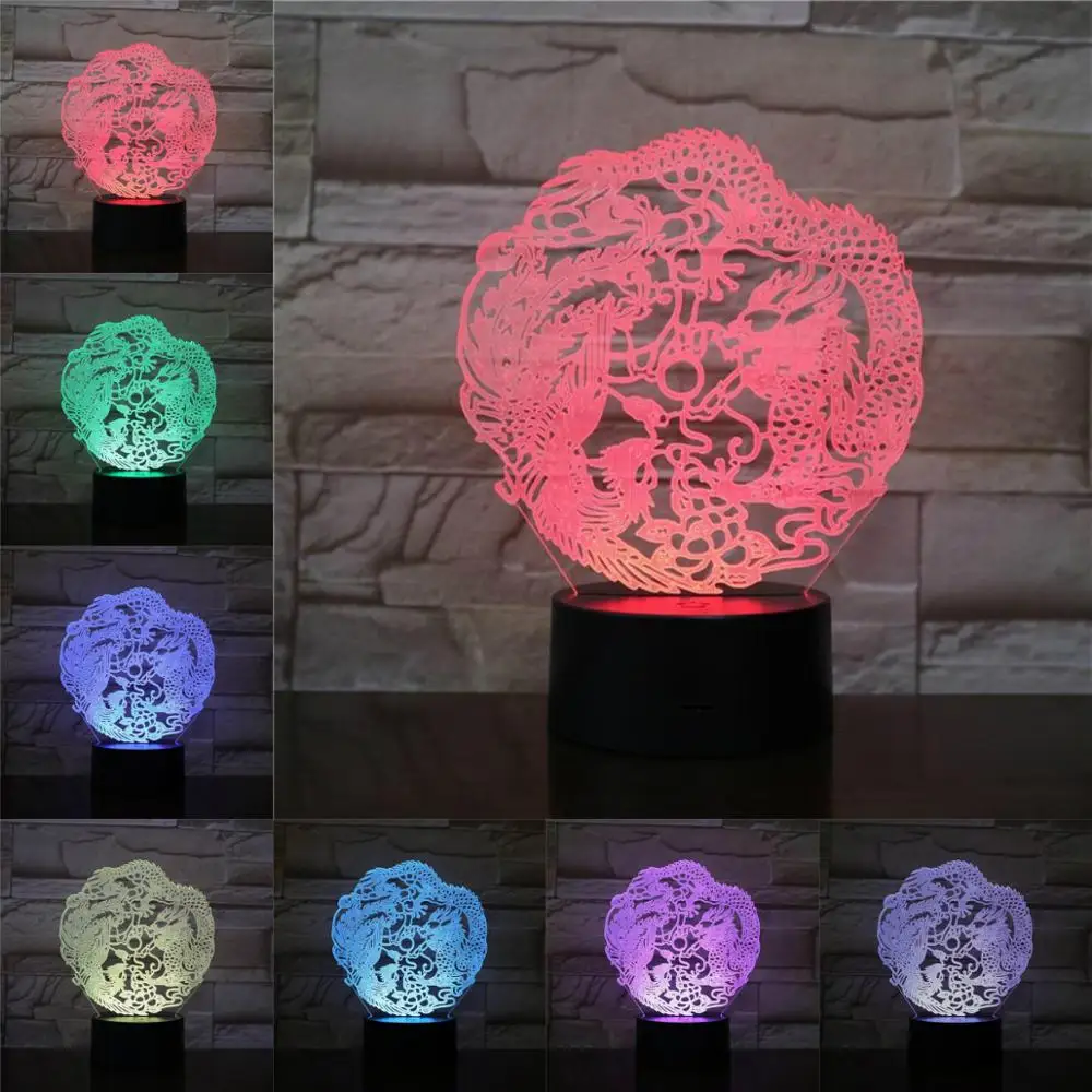 Новинка дракон феникс 3D лампа Иллюзия Ночник светильник Светодиодная USB RGB