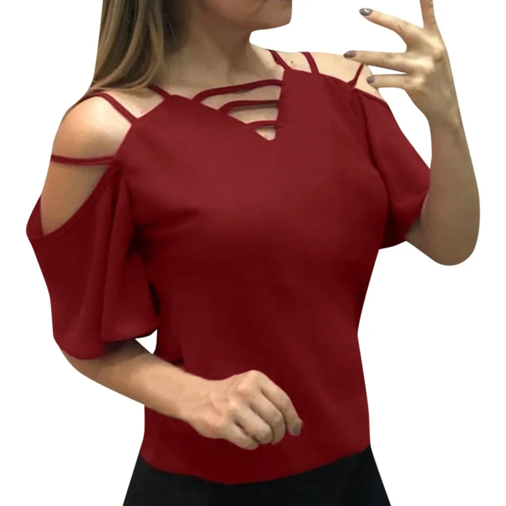 Летняя модная повседневная однотонная шифоновая блузка с открытыми плечами