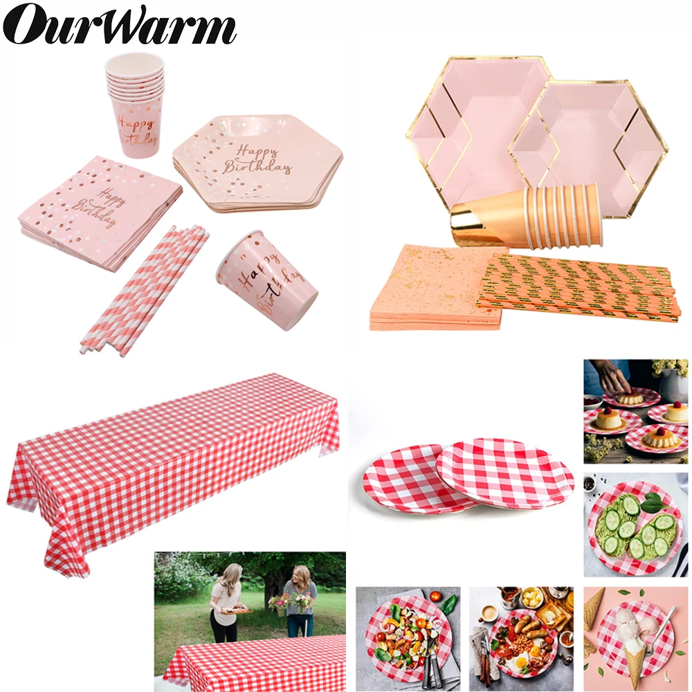 OurWarm, розовая фольга, Золотая одноразовая посуда, набор, бумажные тарелки, чашки, вечерние, одноразовые столовые приборы, наборы для дня рождения, дома, сбора, барбекю