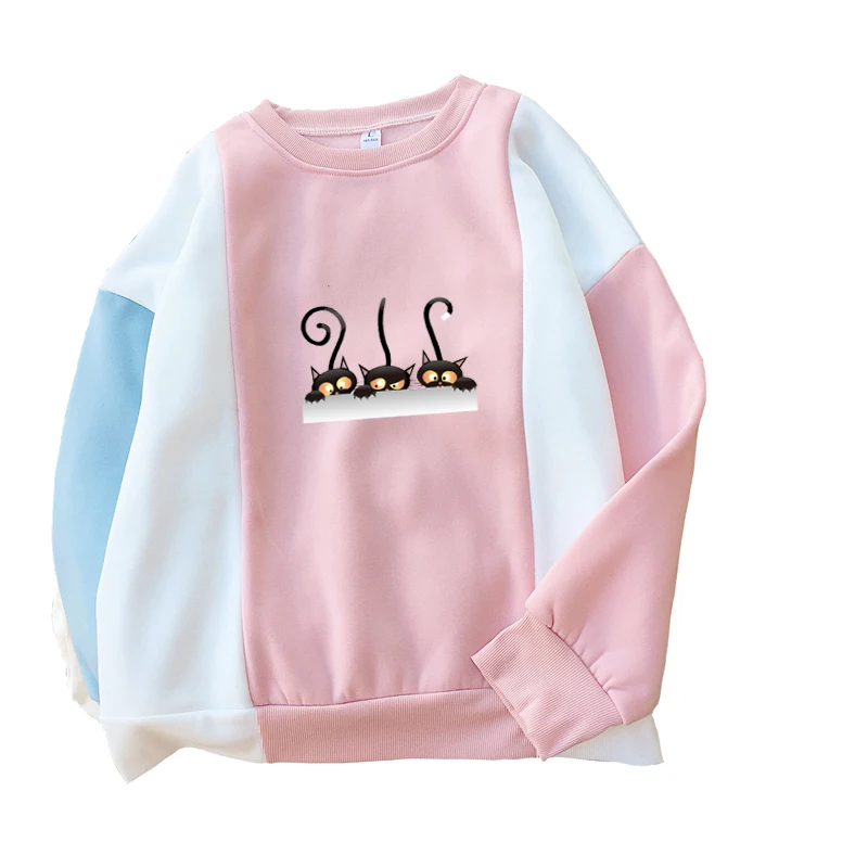 

Spring Autumn Spell Color Patchwork Hoodies Women Fashion Long Sleeve Thick Harajuku Kawaii Cartoon Cat Sweatshirt Pullover Tops