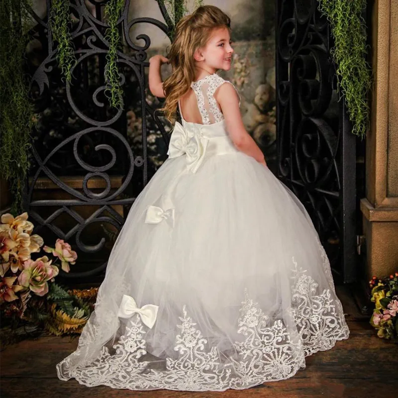 Luxury Flower Girl Dress Sparkly Crystals Bow Keyhole Back Puffy Kids Prom Longo First Communion | Детская одежда и обувь