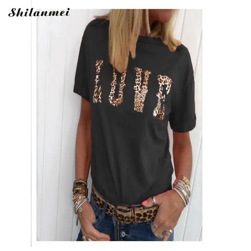 

Новинка 2019, модная женская футболка с круглым вырезом и леопардовым принтом, женские футболки с коротким рукавом, уличная Женская размера п...
