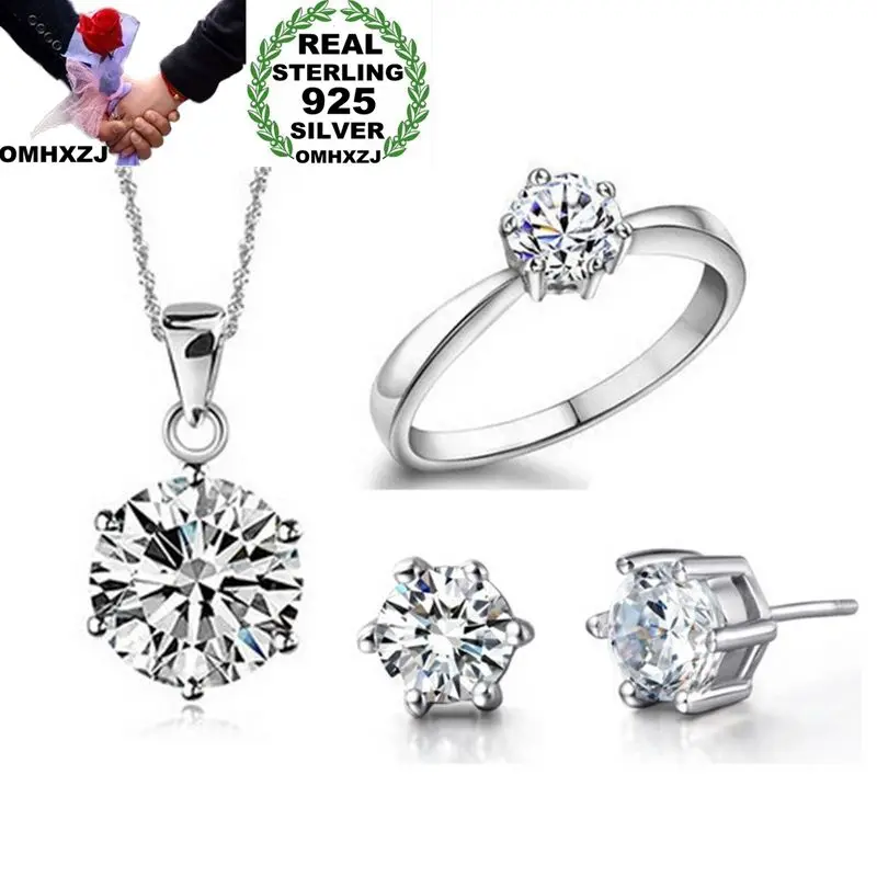 

OMHXZJ Wholesale European Fashion Woman Girl Party Wedding Gift 925 Sterling Silver Stud Earrings+Ring+Necklace Jewelry Set JE07